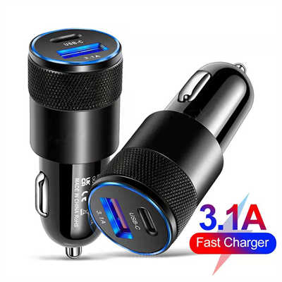 Wholesale car charger mobile phone accessories 3.1A USB and USB-C car charging